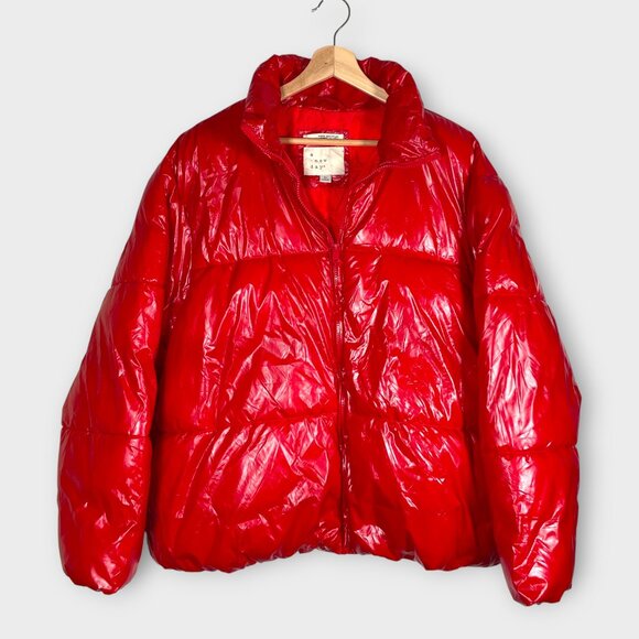 Puffer Coat Woman's XL A New Day Shinny Red Pockets EUC - Picture 2 of 9